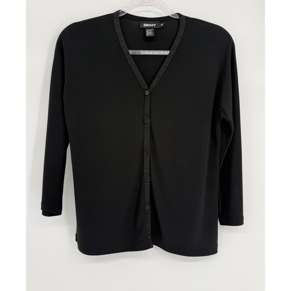 DKNY Womens Black V-Neck Button Front 3/4 Sleeve Cardigan Sweater Sz M